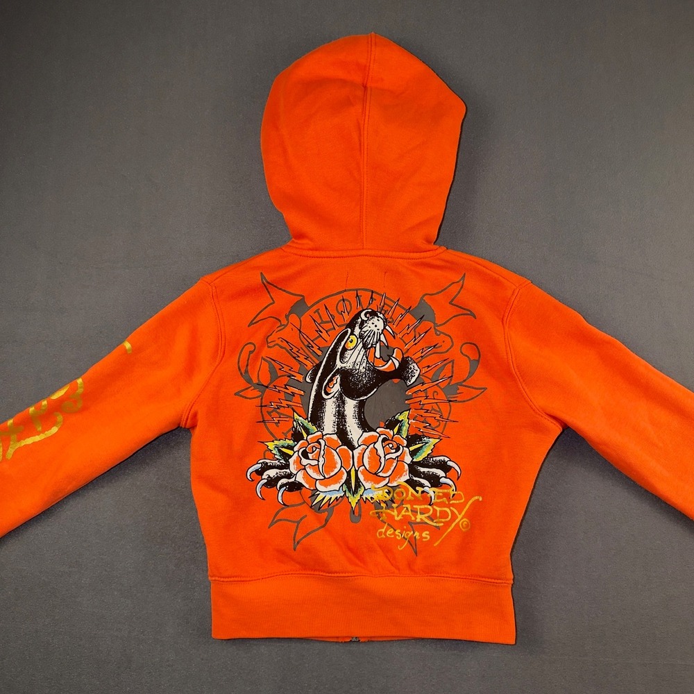 Ed Hardy Womens Orange Panther Dagger Tattoo Graphic Zip Up Hoodie Small Y2K - Picture 7 of 10